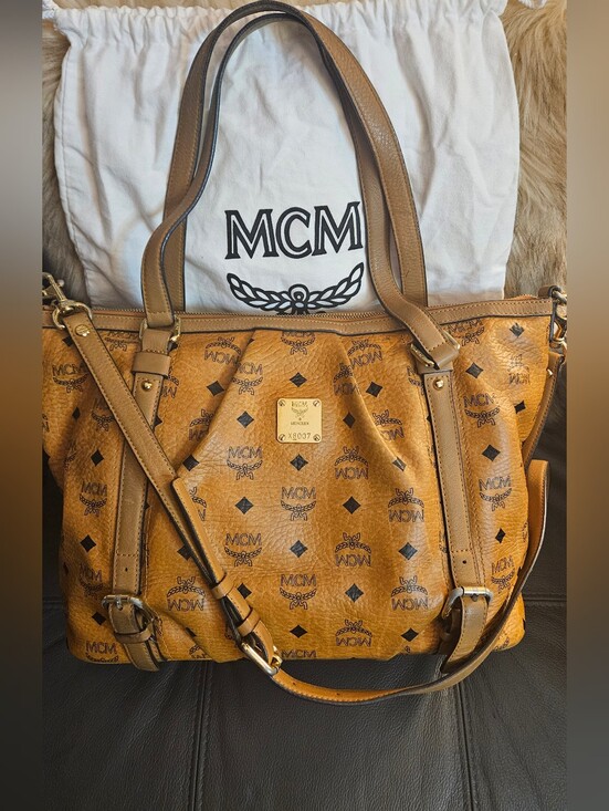 MCM Handbags - MCM Cognac Monogram Leather Shopper with Gold Plaque